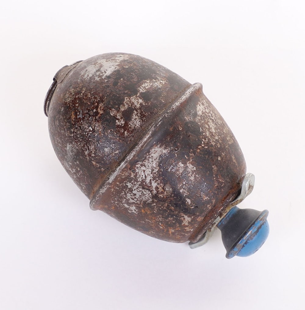 Inert WW2 German Wehrmacht M-39 Egg Grenade: Inert WW2 German Wehrmacht M-39 Egg Grenade, its finish is nearly all gone, still retains bottom ring & top screw-on fuse, inert, fair. ONLY AVAILABLE TO BUYERS IN THE USA.