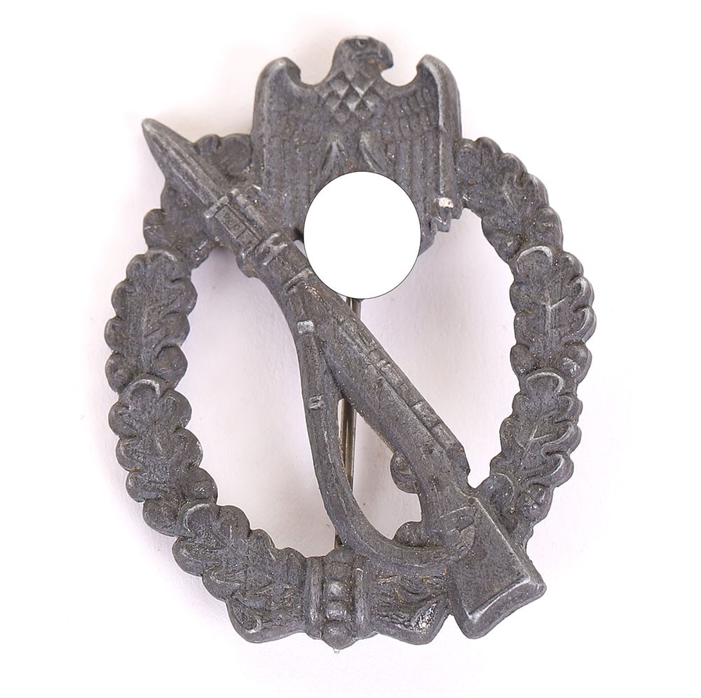WW2 German Army / Waffen-SS Infantry Assault Badge in Silver, by GWL: WW2 German Army / Waffen-SS Infantry Assault Badge in Silver, by GWL, silver grade example with the original pin and catch fixing to the reverse.