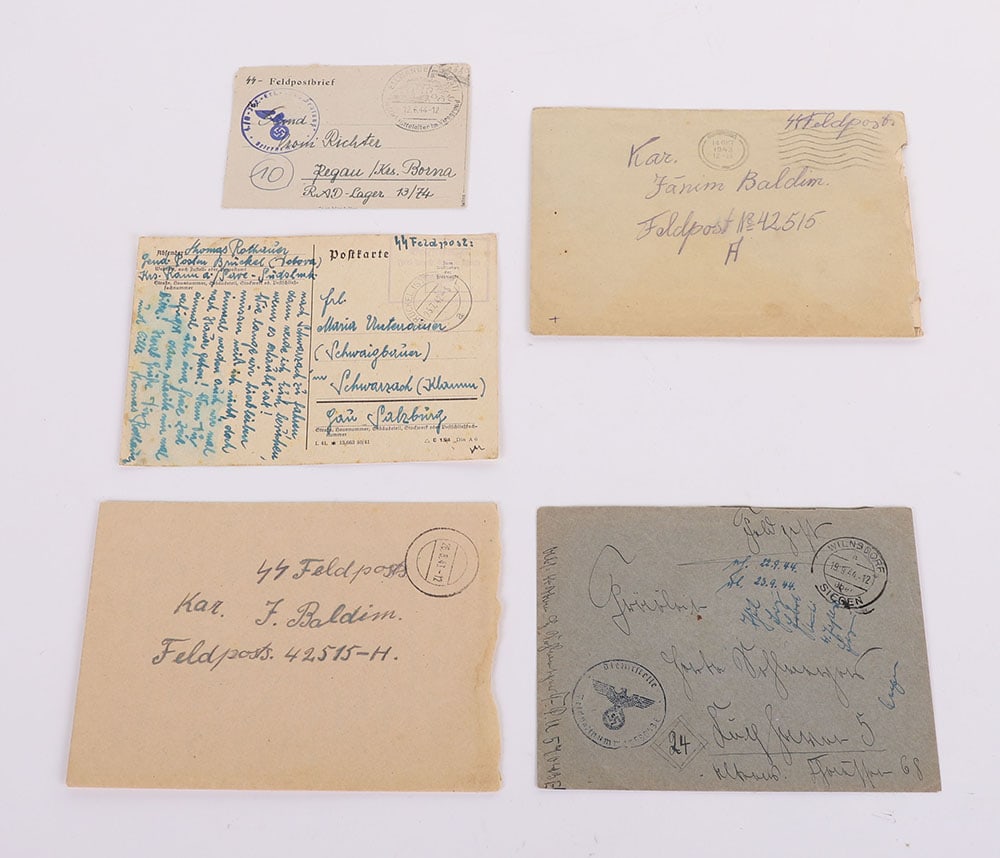 Group of 3 Waffen-SS Feldpost Letters with Envelopes & 2 Waffen-SS FIELD Postcards: Group of 3 Waffen-SS Feldpost Letters with Envelopes & 2 Waffen-SS FIELD Postcards, 1 letter is from ?SS-Pz. Rgt. 12. 12 SS-Div.?, one is to ?Stab III 12 Kp. Freiw. Gren. Rgt. 42, 19. SS-Div.?, anothe