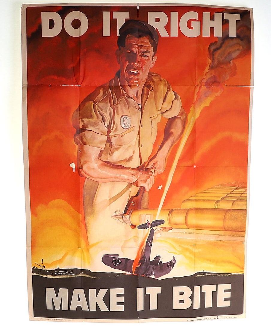 WW2 US Ordnance Department Poster DO IT RIGHT MAKE IT BITE: WW2 US Ordnance Department Poster DO IT RIGHT MAKE IT BITE, good example showing factory worker pulling armaments with a crashed German aircraft below. Printed US ordnance department details to the bo
