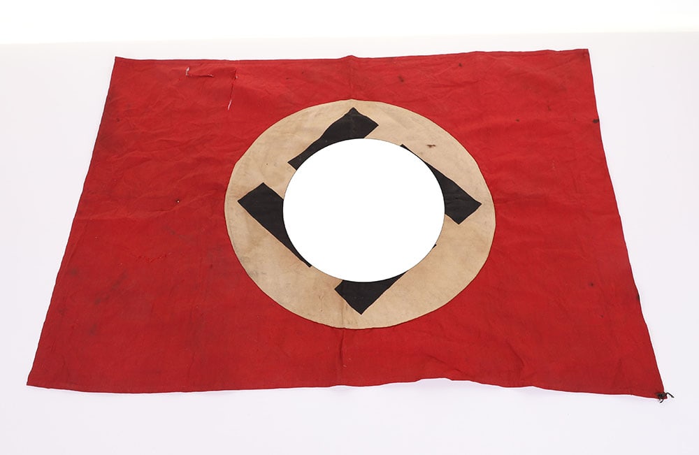 Third Reich NSDAP Pennant: Third Reich NSDAP Pennant, rectangular double sided swastika pennant in well worn condition with staining and some tears. 26 x 19 inches.