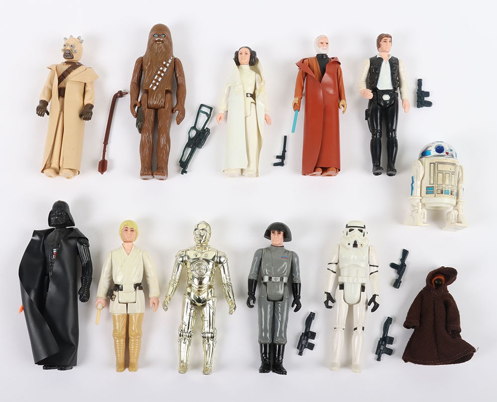 Vintage Star Wars First Twelve loose action figures Kenner: Vintage Star Wars First Twelve loose action figures Kenner, Complete with weapons. Including Stormtrooper, Luke Farmboy, Darth Vader, Chewbacca, Jawa, Princess Leia small rip to cape, Obi-Wan Kenobi, 