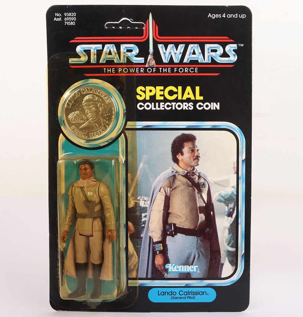 Vintage Kenner Star Wars The Power of the Force Last 17 Lando Calrissian (General Pilot) Action: Vintage Kenner Star Wars The Power of the Force Last 17 Lando Calrissian (General Pilot) Original Carded Moc Action Figure. Product number 93820 Asst 69590/71580. 3 ¾ inches, Yellowed sealed bu