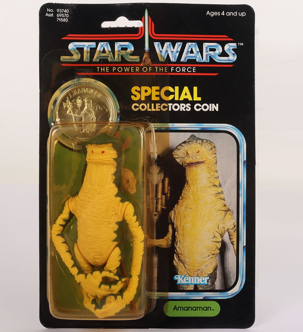 Vintage Kenner Star Wars The Power of the Force Last 17 Amanaman l Carded Moc Action Figure.: Vintage Kenner Star Wars The Power of the Force Last 17 Amanaman Original Carded Moc Action Figure. Product number 93740 Asst 69570/71580. 3 ¾ inches, Yellowed sealed bubble. Slight waving to c