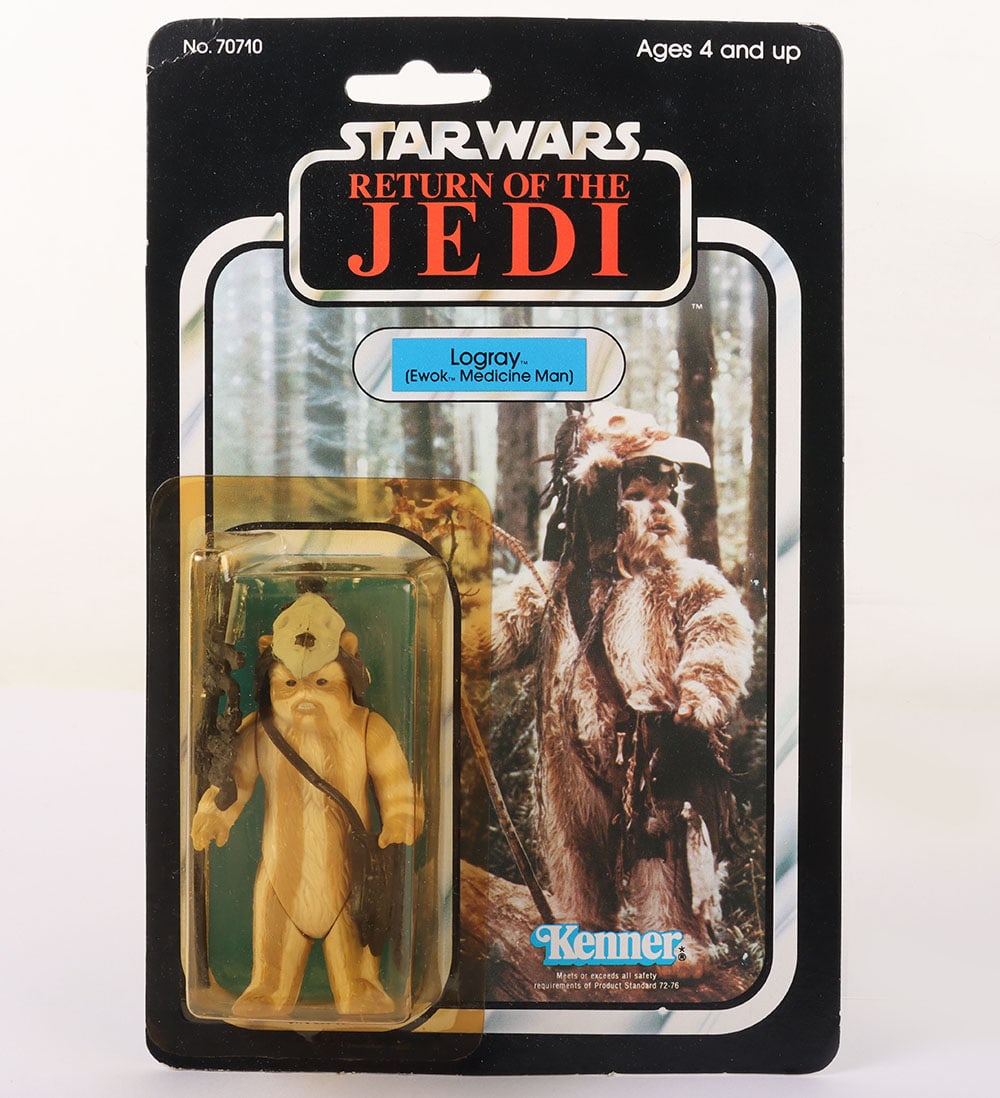Vintage Kenner Star Wars Return of The Jedi Logray Ewok Medicine Man Action Figure.: Vintage Kenner Star Wars Return of The Jedi Logray Ewok Medicine Man Original Carded Moc Action Figure. Product no. 70710. 3 ¾ inches, Yellowed sealed bubble. Bend to bottom of card and bubble.