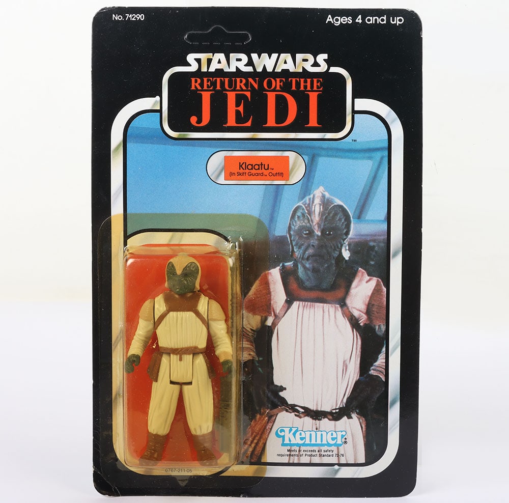 Vintage Kenner Star Wars Return of The Jedi Klaatu Skiff Guard Outfit Unpunched Action Figure.: Vintage Kenner Star Wars Return of The Jedi Klaatu Skiff Guard Outfit Original Carded Moc Unpunched Action Figure. Product number 71290. 3 ¾ inches, factory slightly yellowed sealed bubble. Den