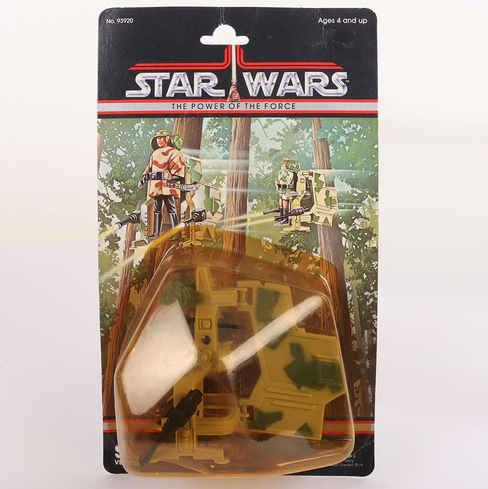 Scarce Vintage Star Wars The Power of the Force Security Scout Vehicle Carded moc Kenner.: Scarce Vintage Star Wars The Power of the Force Security Scout Vehicle Carded moc Kenner. Product no. 93920. Factory sealed yellow bubble. Creasing to bottom corner. Some small veining in places on th