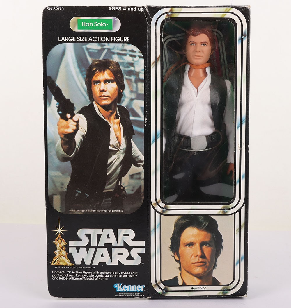 Vintage Star Wars 12 inch Han Solo Action Figure Doll Boxed Kenner.: Vintage Star Wars 12 inch Han Solo Action Figure Doll Boxed Kenner. Product no. 39170. Complete with blaster and catalogue. Doll in very good condition. Some box wear.