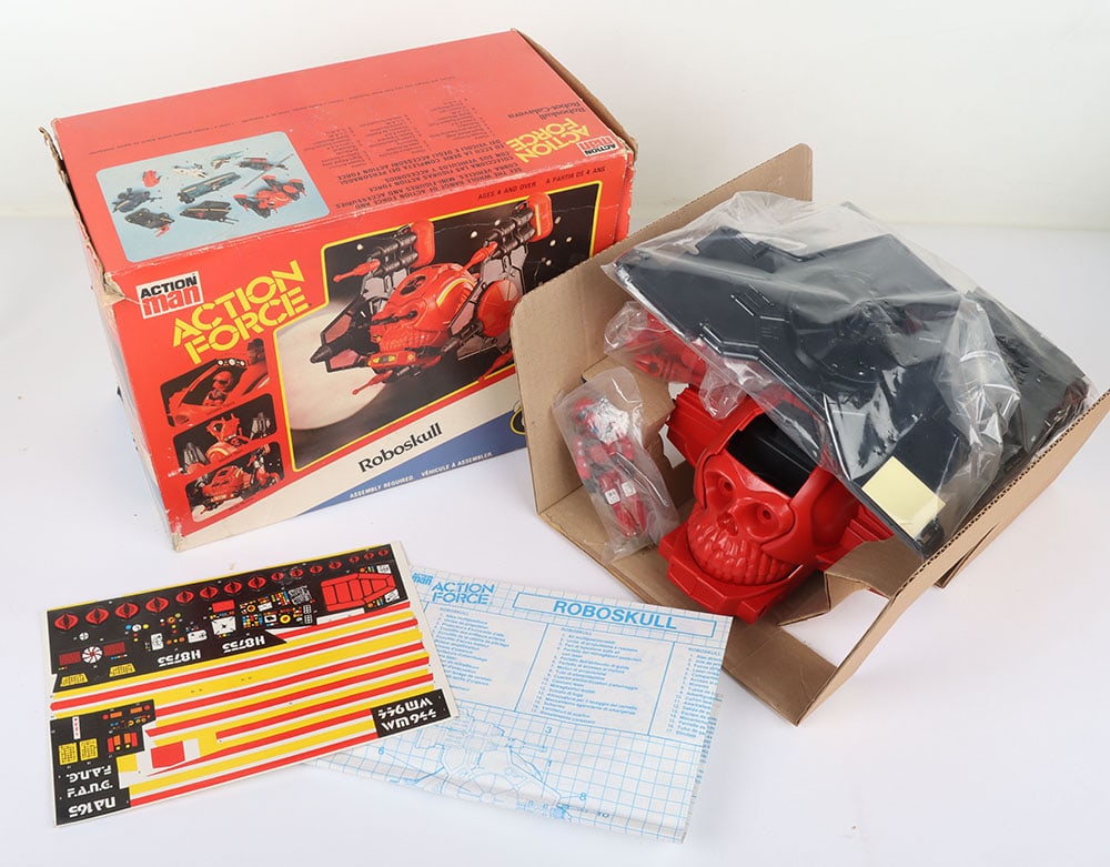 Scarce Vintage Action Force Cobra Roboskull Vehicle and Red Wolf action figure boxed Palitoy.: Scarce Vintage Action Force Cobra Roboskull Vehicle and Red Wolf action figure boxed Palitoy. Picture box. Very good condition. Sealed contents and figure still in sealed baggie. Some damage to box wi