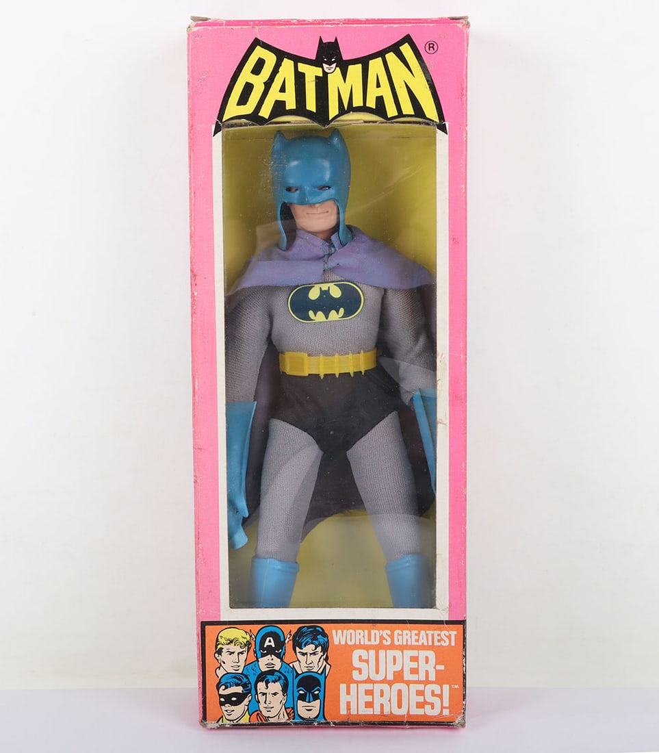 Vintage Mego DC Batman removable cowl 8 inch Action figure 1975 in original Pink box,: Vintage Mego DC Batman removable cowl 8 inch Action figure 1975 in original Pink box, 4 digit, 4 panel box Old Logo box, Type 1, 1st issue 2nd version. Very good condition with some box wear. Comes wi