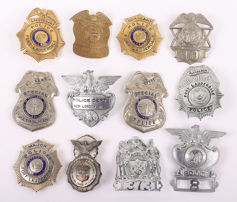 American Police Badges: American Police Badges: A selection of vintage cap and breast badges to include Minneapolis, City of Portland, North Carolina, Fort Lauderdale and others. 12 items