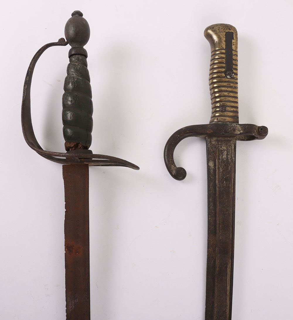 French Chassepot Bayonet: French Chassepot Bayonet: Brass grip bayonet with a small sword like side arm in poor condition. 2 items