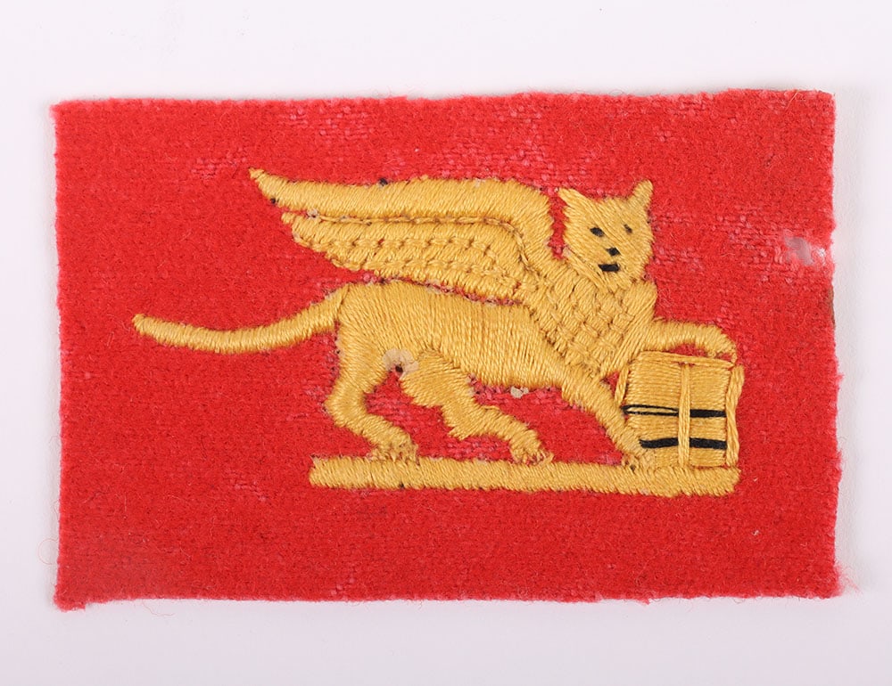 Rare WW2 24th Indian Infantry Brigade Cloth Formation Sign: Rare WW2 24 th Indian Infantry Brigade Cloth Formation Sign, embroidered yellow winged lion of St Mark on red felt rectangle. Badges on Battle Dress by Jon Mills, M10, states The winged Lion of St Mar
