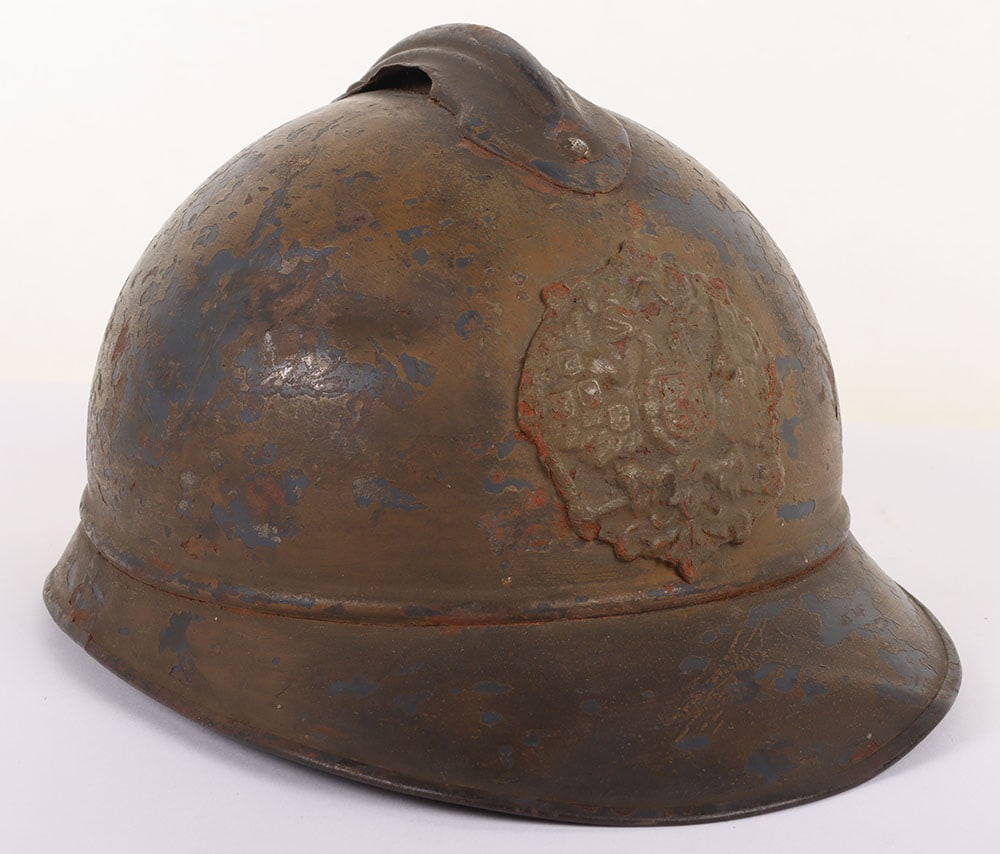 Scarce WW1 Imperial Russian M-15 Adrian Steel Helmet Shell: Scarce WW1 Imperial Russian M-15 Adrian Steel Helmet Shell, scarce example of a standard M-15 Adrian pattern helmet which has a mustard brown over paint finish to the shell, with much of the horizon b