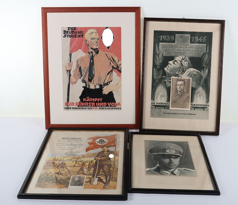 Four Framed WW2 German Photographs and Prints: Four Framed WW2 German Photographs and Prints, A selection of framed WW2 German artwork and Photographs. One photo of a German officer, RAD poster with a photo of a RAD worker within the frame. A memo