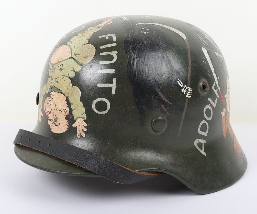 WW2 German M35 Helmet with War Art,: WW2 German M35 Helmet with War Art, Good Original WW2 German helmet shell of the M35 model, with post war applied ‘war art’. The liner and chin strap are refurbishment pieces. Makers marke