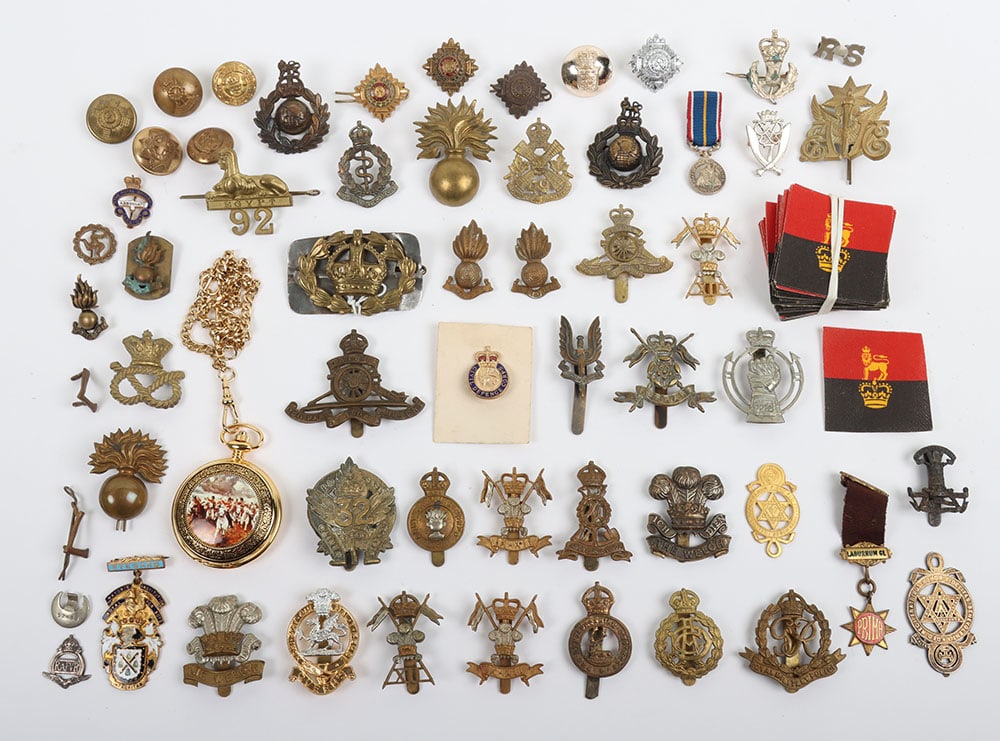 Collection of Military badges, collar badges, cloth badges, buttons & a Battle of Waterloo Pocket Wa (1 of 7)