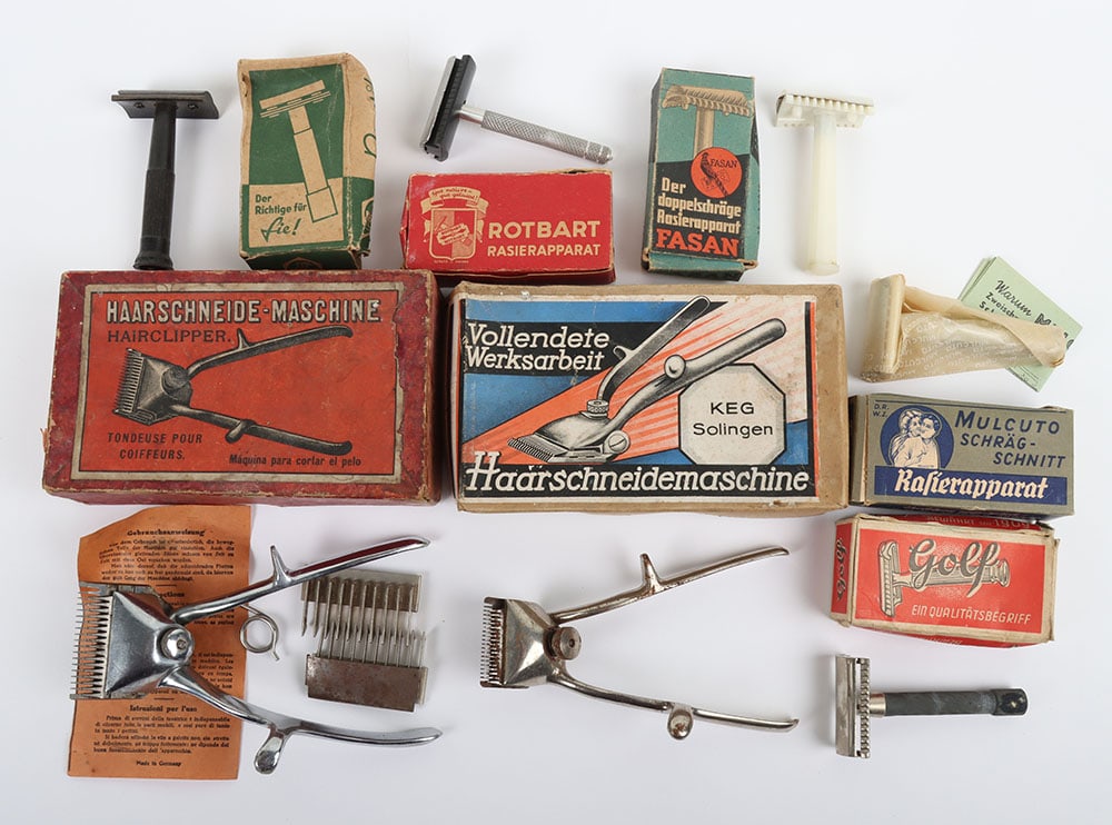 Third Reich German Military / Civil Razors: Third Reich German Military / Civil Razors: Vintage period boxed hair clippers in original boxes and five shaving razors in boxes. 7 items