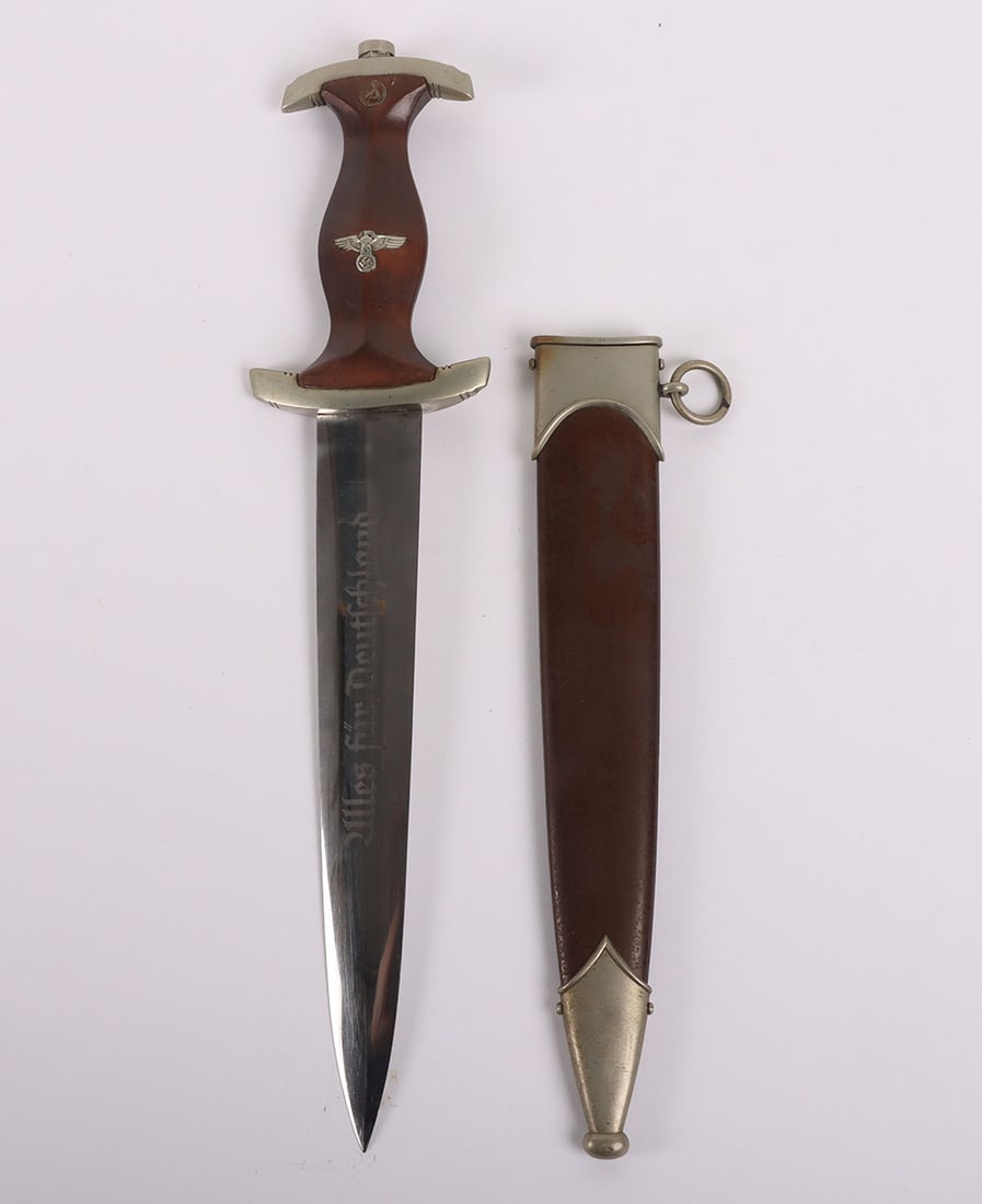 Third Reich SA (Sturmabteilung) Dress Dagger by Aug Merten Ww, Solingen G-R: Third Reich SA (Sturmabteilung) Dress Dagger by Aug Merten Ww, Solingen G-R, good example with brown wooden grip, nickel silver eagle and enamel SA device. Rear of the cross guard with gau stamp to th
