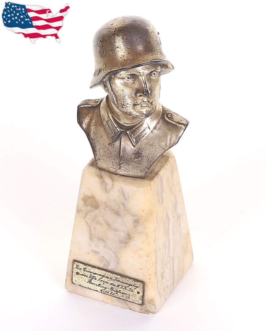 Pre-WW2 German Hero Series Table Bust: Pre-WW2 German Hero Series Table Bust , fine example of a silvered ‘Hero’ series bust of a German soldier wearing steel helmet and combat tunic. Mounted onto a marble base with plaque to the centr