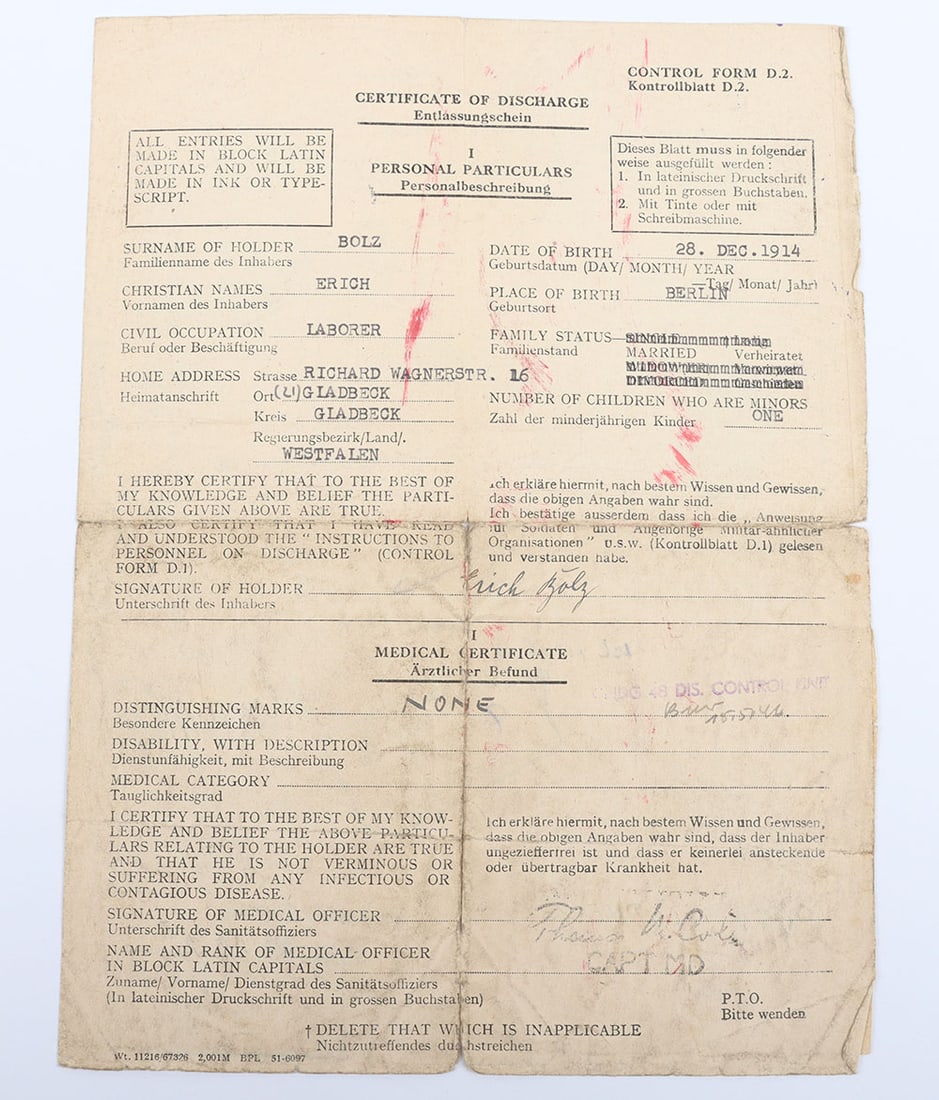 WW2 German Soldbuch Artillery Ersatz Abteilung 228: WW2 German Soldbuch Artillery Ersatz Abteilung 228, well filled out soldbuch issued to Erich Bolz. Personal details filled out to the first pages and rank of Gefreiter. No photograph to the inside cov