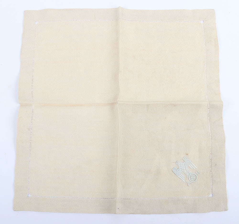 Third Reich Adolf Hitler Personal Dinner Service Table Napkin: Third Reich Adolf Hitler Personal Dinner Service Table Napkin, fine white linen t able napkin in very good to excellent condition with fine quality embroidered NSDAP down winged eagle, underneath the 