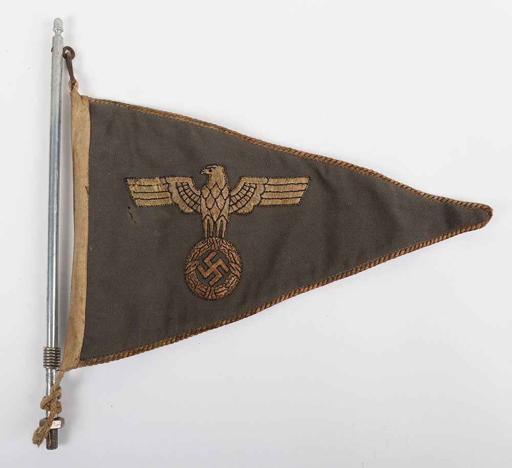 WW2 German Army Officers Car Flag: WW2 German Army Officers Car Flag, used example of a German army officers triangular car flag / pennant with machine embroidered eagle and swastika to both sides of the grey cloth pennant with twist c