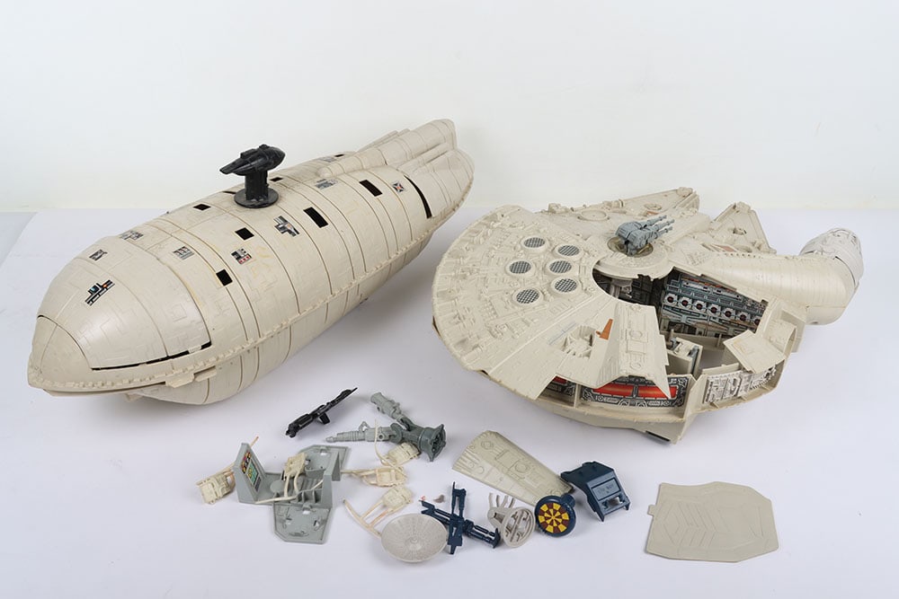 Two Vintage Star Wars Vehicles Kenner.: Two Vintage Star Wars Vehicles Kenner. Including Near complete Millenium Falcon missing jedi training ball and arm does have some marks and Rebel Transport missing gas masks and back packs. Good condi