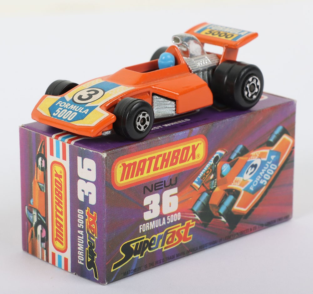 Matchbox Superfast 36c Formula 5000 with YELLOW labels: Matchbox Superfast 36c Formula 5000 with YELLOW labels (always Orange labels), this could have been a trial colour or the wrong colour mix for the label printing, either way it is a genuine factory is