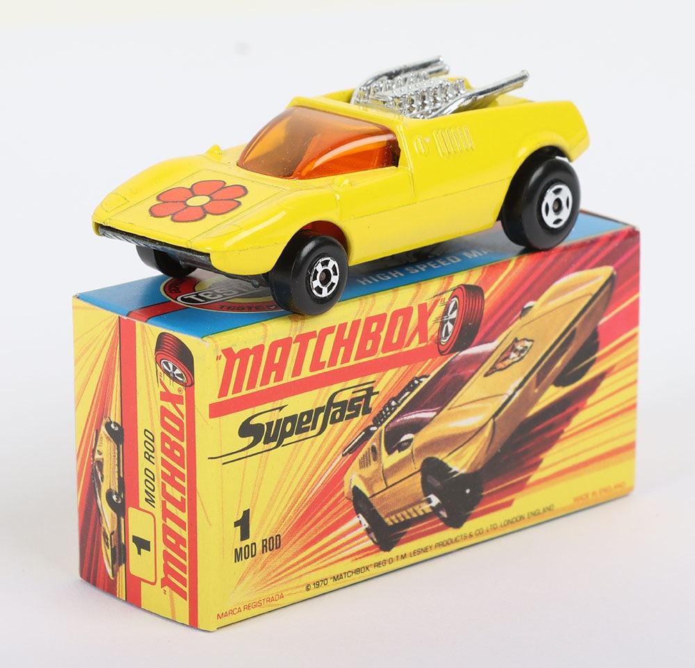 Matchbox Superfast 1b Mod Rod with FLOWER label: Matchbox Superfast 1b Mod Rod with FLOWER label (usually Cat label), model is mint in a mint H box with 1 MOD ROD to faces