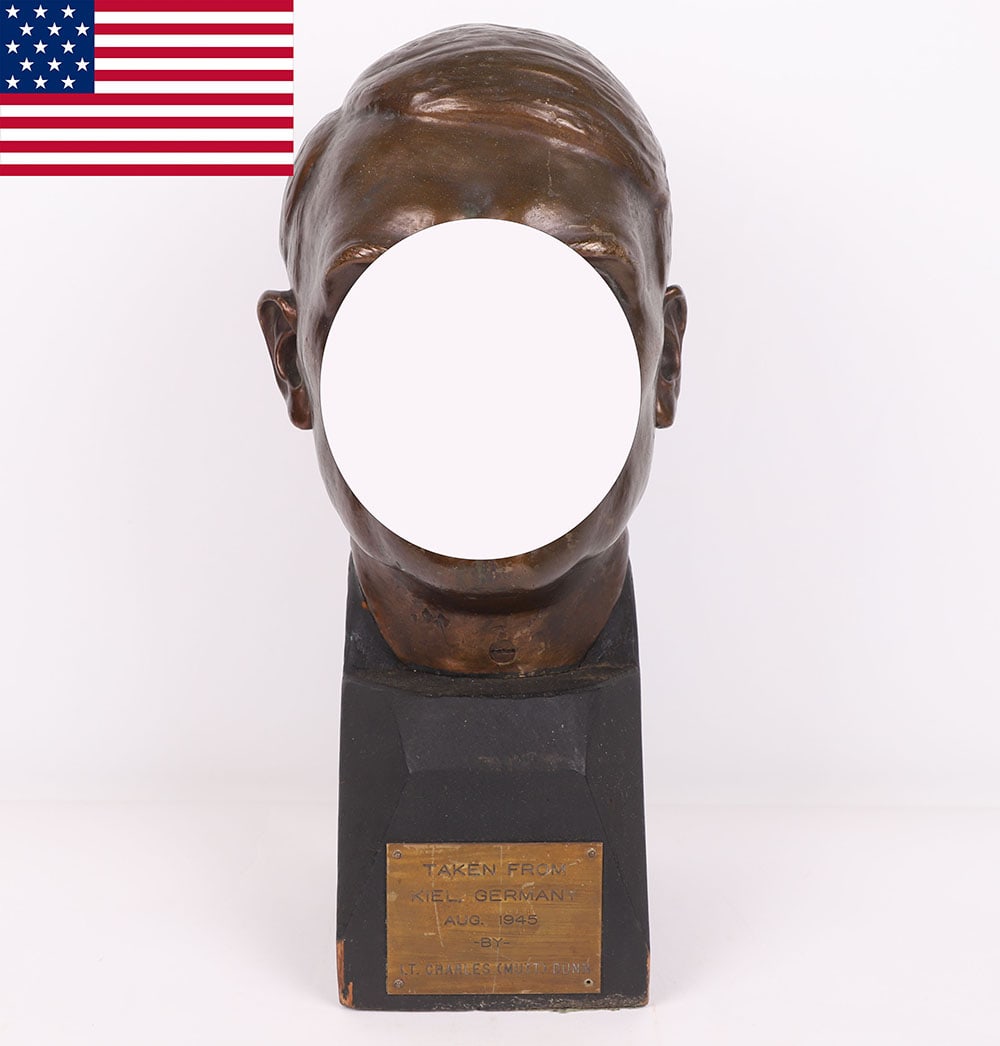 Large Bronzed Adolf Hitler Head Liberated from Kiel, Germany in 1945: Large Bronzed Adolf Hitler Head Liberated from Kiel, Germany in 1945, an interesting 1 ½ times life size bronzed head of the German leader which has been mounted onto a wooden base and a brass pl