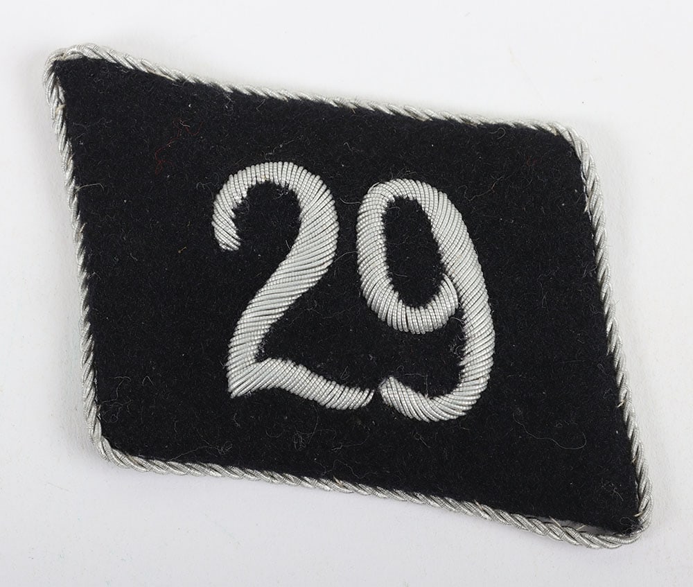 Third Reich Allgemeine SS Standarte 29 Officers Collar Patch: Third Reich Allgemeine SS Standarte 29 Officers Collar Patch, excellent condition with silver bullion embroidered number “29”. Reverse with (damaged) RZM label.