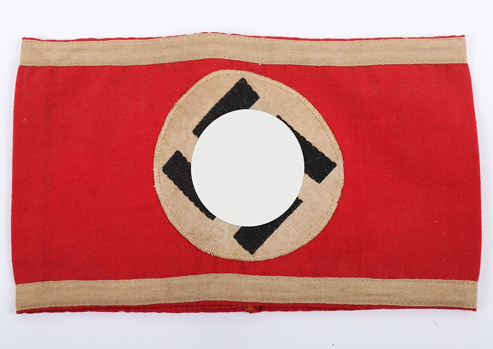 Third Riech German SA Reserve Cotton Armband: Third Riech German SA Reserve Cotton Armband, Lovely original early multipiece construction, with Bevo woven swastika. RZM label still in situ on the inside. Some wear and mild staining, mostly visibl