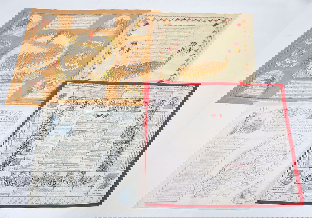 Boer War & WW1 Patriotic Picture Handkerchiefs: Boer War & WW1 Patriotic Picture Handkerchiefs: Absent-Minded Beggar by Rudyard Kipling in blue, Fulton’s military picture handkerchief on the Martini-Henry and two WW1 Tipperary song sheet pict