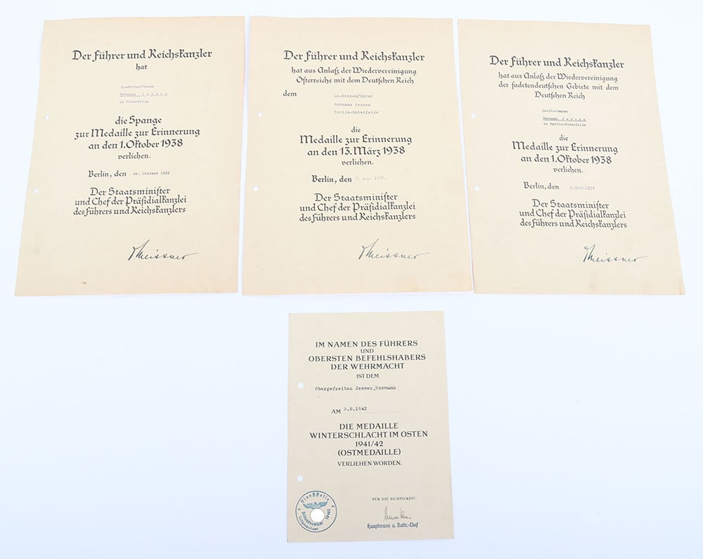 WW2 German Award document grouping to SA-Rottenfügrer Hermann Jessen: WW2 German Award document grouping to SA-Rottenfügrer Hermann Jessen. Award document for the Austrian and Czech annexation medals + Czech Prague bar. When transferred to the Wehrmacht Jessen was