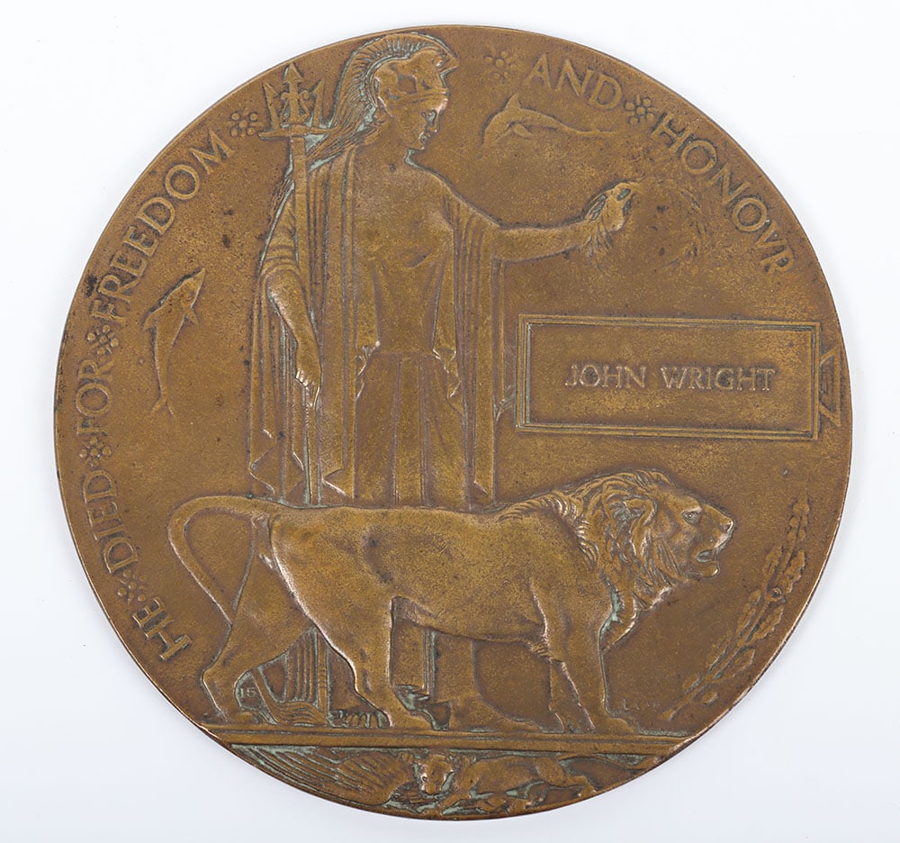 A Great War Memorial Plaque: A Great War Memorial Plaque, Memorial Plaque, “JOHN WRIGHT”. There are multiple casualties of this name.