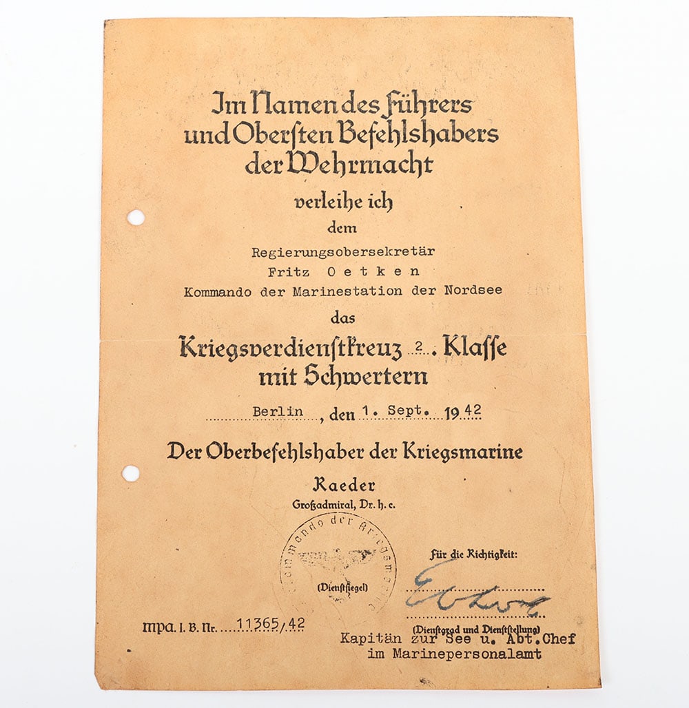 WW2 German War merit cross 2nd class with swords award document to Regierungsobersekratär Fritz (1 of 4)