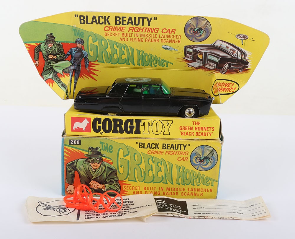 Corgi Toys 268 "The Green Hornet" Car Boxed.: Corgi Toys 268 "The Green Hornet" Car Boxed. Black body, green tinted windows, spun hubs. Condition is very good with some minor paint chips. Box in very good condition with secret instruction pack co
