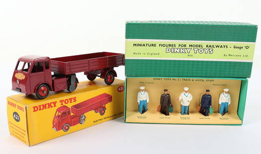 Dinky Toys 421 Electric Articulated Lorry Hindle Smart Helics &#8216;British Railways&#8217; red whe: Dinky Toys 421 Electric Articulated Lorry Hindle Smart Helics &#8216;British Railways&#8217; red wheel hubs, in near mint original condition plus Dinky Toys Set No.5 Train and Hotel Staff, set 5 O gau