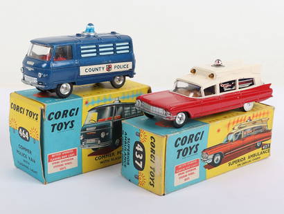 Two Corgi Toys Vintage Emergency Vehicles,: Two Corgi Toys Vintage Emergency Vehicles, 437 Superior Ambulance on Cadillac Chassis, battery operated working roof lights red/cream body, shaped spun wheel hubs, in good used original condition with
