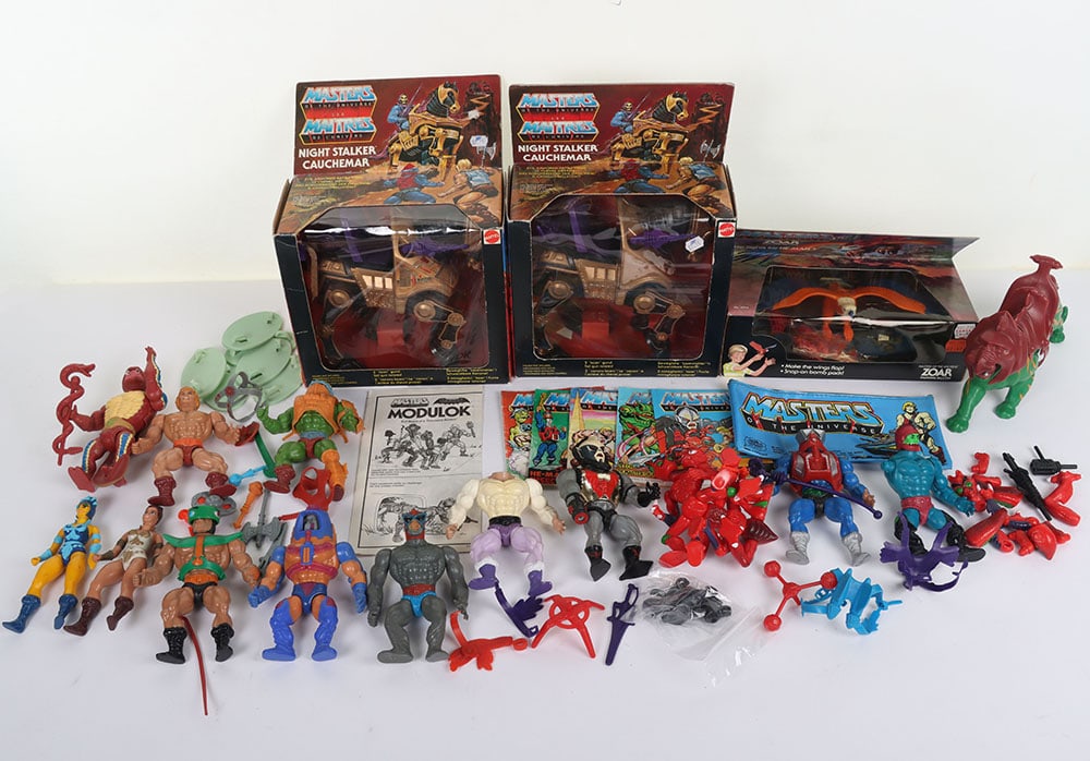 Collection of Vintage Masters of the Universe Action Figures and Vehicles.: Collection of Vintage Masters of the Universe Action Figures and Vehicles. Including two Sealed Night Stalkers both have damage to the windows otherwise in good boxes, Sealed boxed Zoar does have a cr