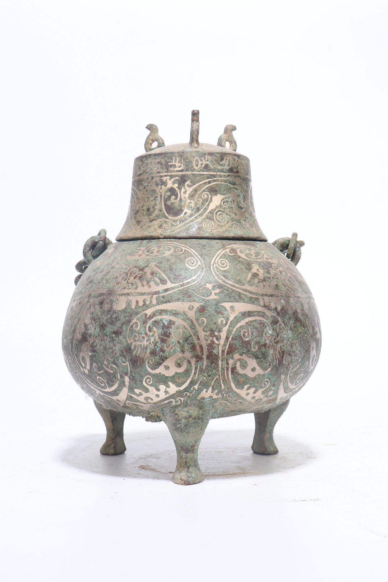 chinese gold-silver-inlaid taotie pattern altar vessel: mouth diameter:7.4cm diameter:17cm h:29cm