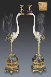 Pair Of Enamel Crane Incense Burners, China