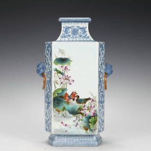 Famille Rose Porcelain "Two Mandarin Ducks" Square Bottle, China: Height: 29cm Width: 16.5cm