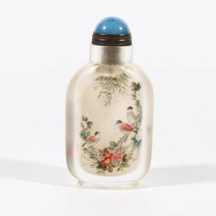 Crystal Snuff Bottle With Inner Painting "Flower And Bird", China: Height: 7.98cm Width: 4.9cm Mouth diameter: 2.33cm