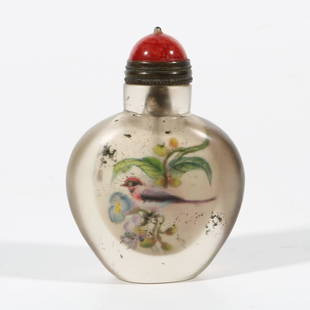 Crystal Snuff Bottle With Inner Painting "Flower And Bird", China: Height: 5.59cm Mouth diameter: 1.89cm