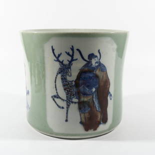 Blue And White Porcelain Underglaze "Figure" Brush Pot, China: Height: 17cm Mouth diameter: 19.8cm