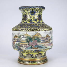 Yellow Blue And White Porcelain Famille Rose "Landscape" Bottle, China