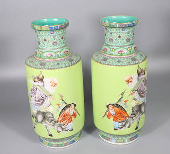 Pair Of Qing Dynasty Famille Rose Porcelain "Figure" Bottles, China: Height: 43cm Width: 16cm