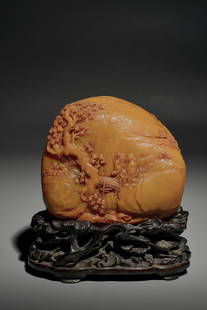 Qing Dynasty Tianhuang Stone Carving "Landscape" "Figure" Study Room Shanzi , China: Height: 11cm Length: 10cm Width: 7.5cm Net Height: 9.5cm Net Weight: 703g